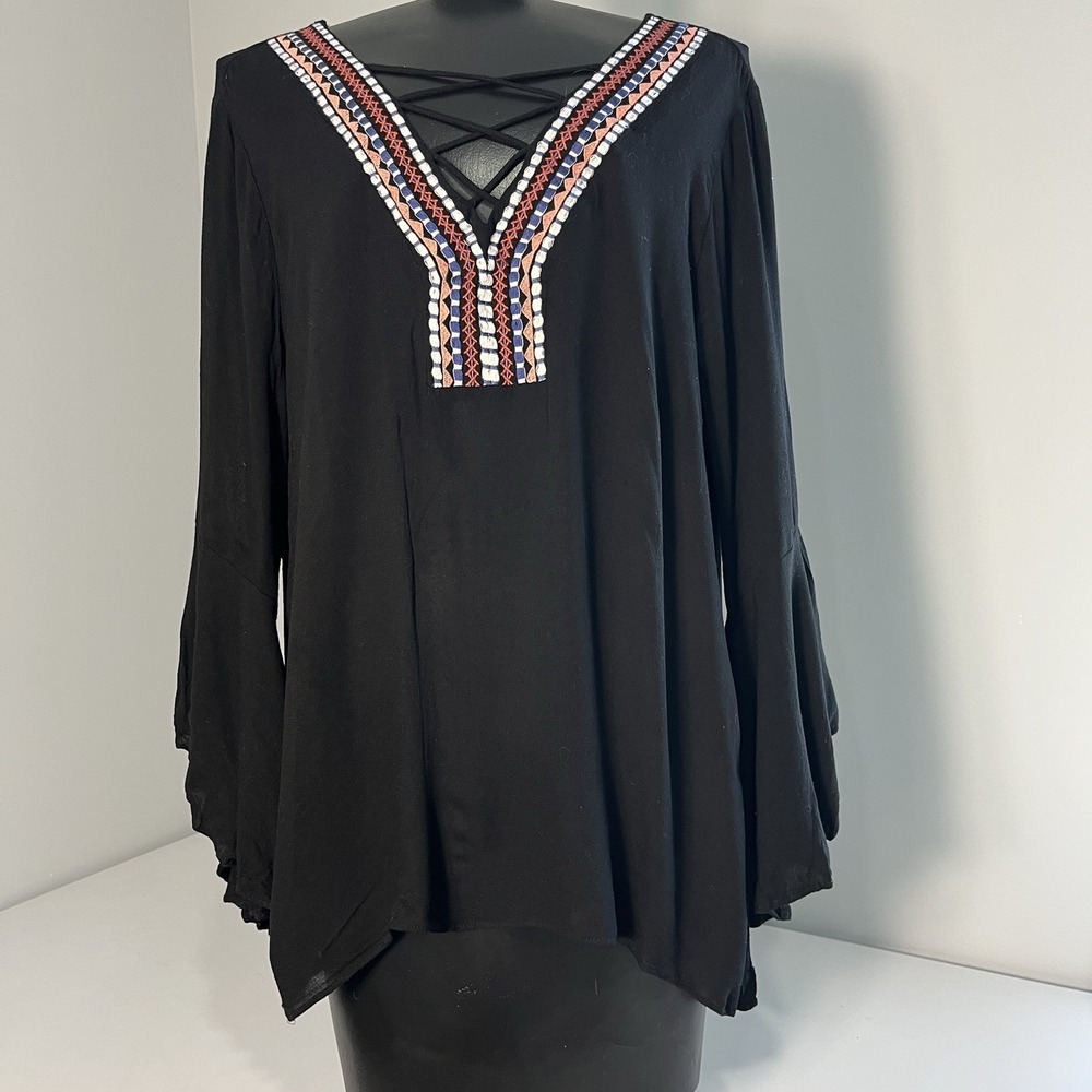 Boho Embroidered Vneck Tunic Top Black Lattice Front Blouse Womens L Bell Sleeve